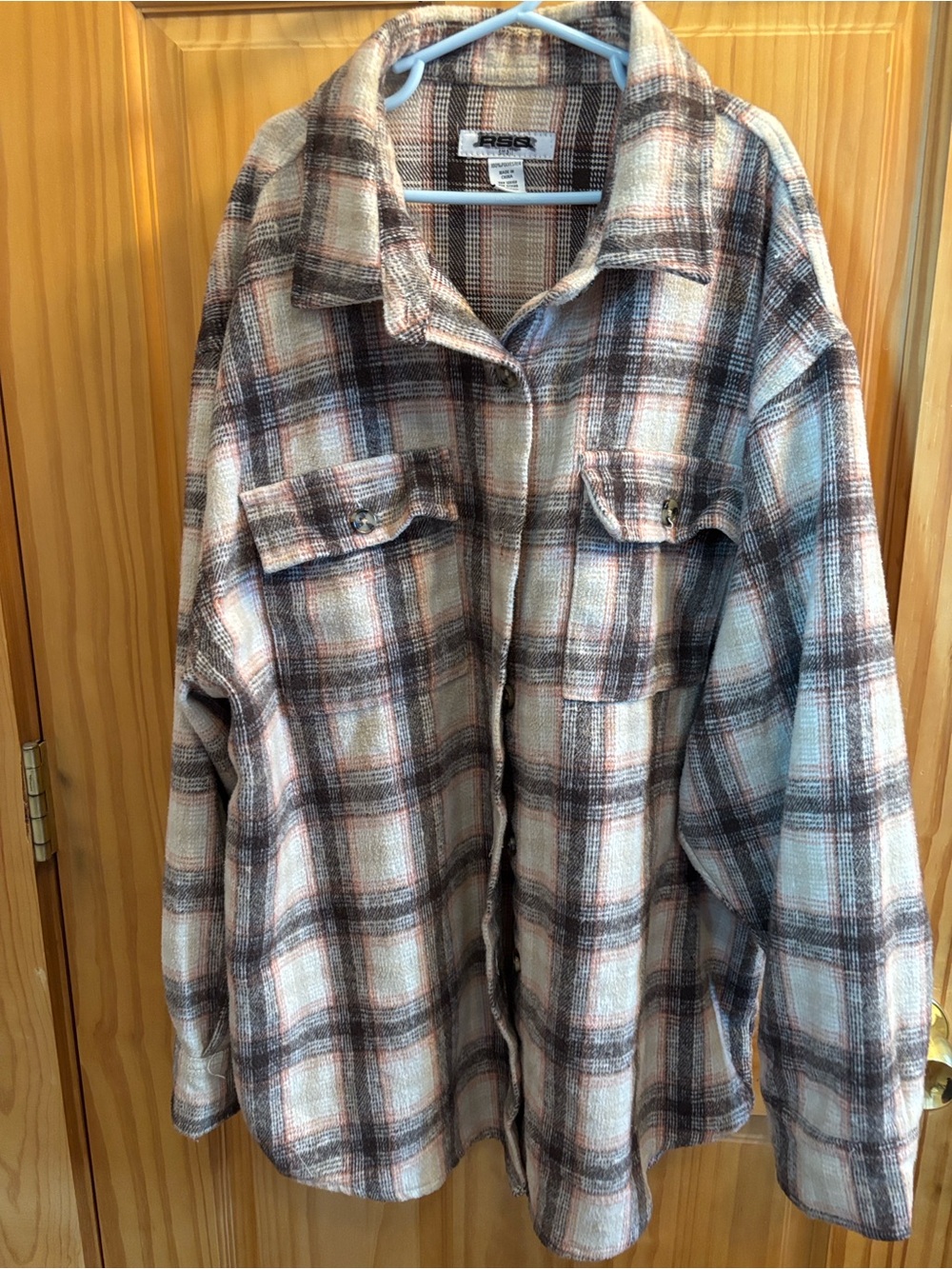 RSQ Cream Plaid Button-Up Shirt Jacket with Brown Accents